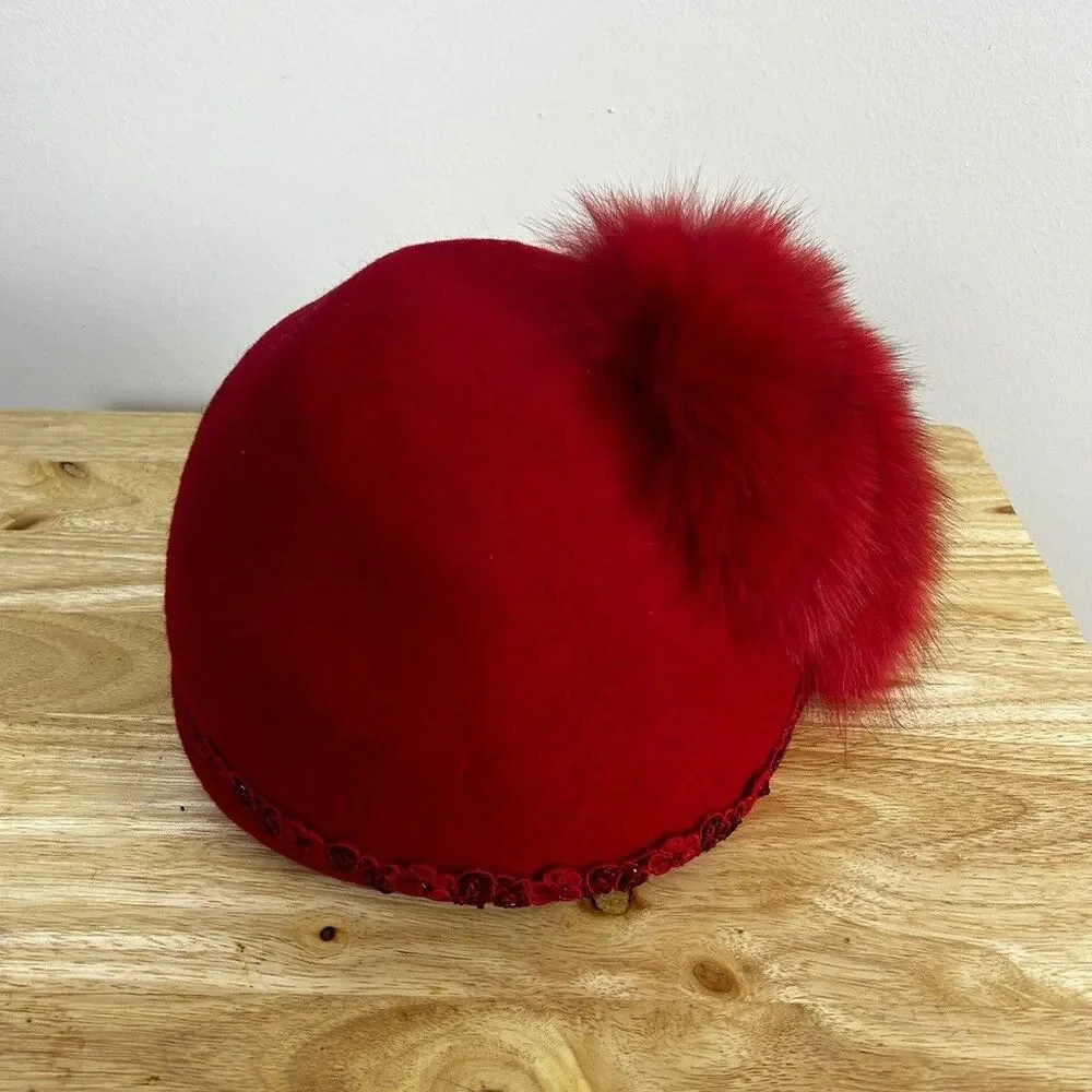 Vintage Joe Bill Miller Red Wool Cloche Hat Michael Howard Fur Pom Trim USA
